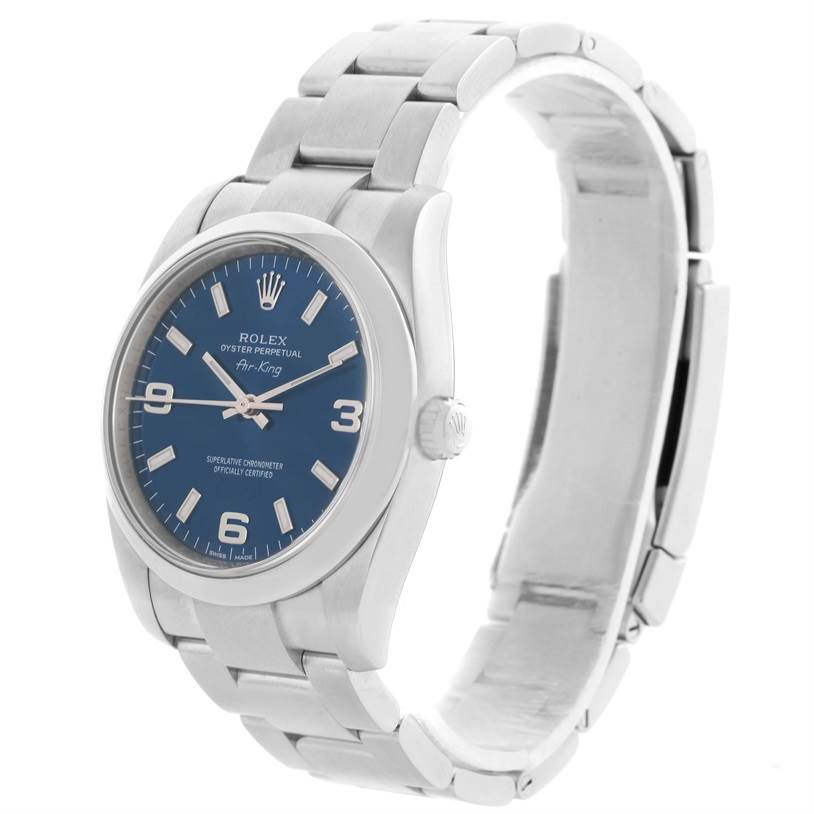 This image shows a Rolex Air-King 114200 Men's Stainless Steel Blue Dial 114200 Men's Stainless Steel Blue Dial watch from an oblique angle, highlighting its face, bracelet, and crown.