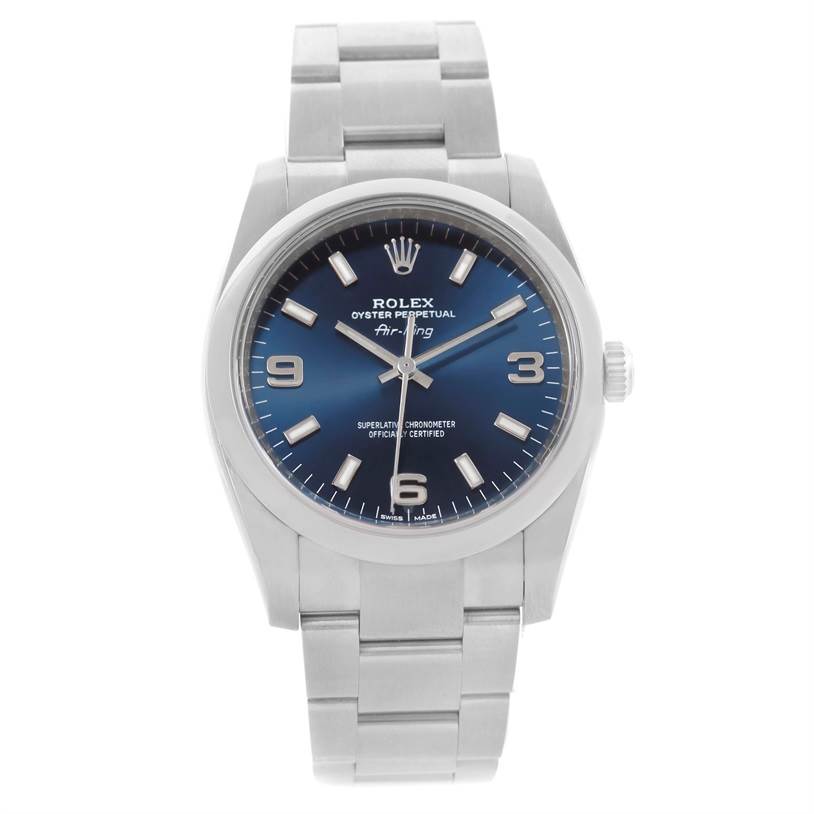 The image shows a front view of a Rolex Air-King 114200 Men's Stainless Steel Blue Dial 114200 Men's Stainless Steel Blue Dial watch, displaying its face, bezel, and bracelet.