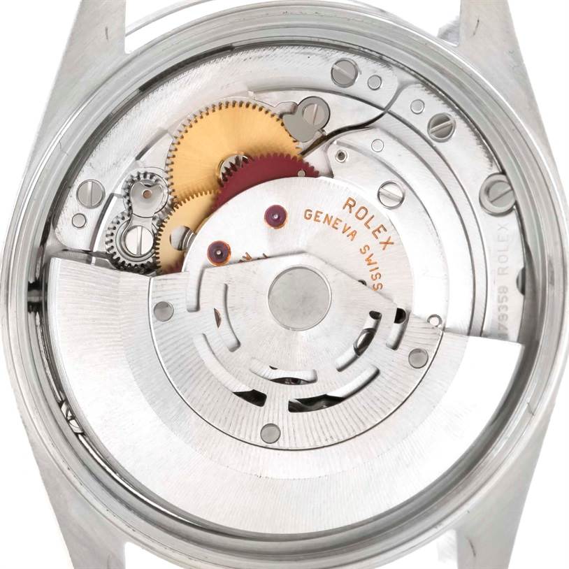 This is an internal view of a Rolex Air-King 14000 Men's Stainless Steel White Dial 14000 Men's Stainless Steel White Dial model showing the movement mechanism and gears.