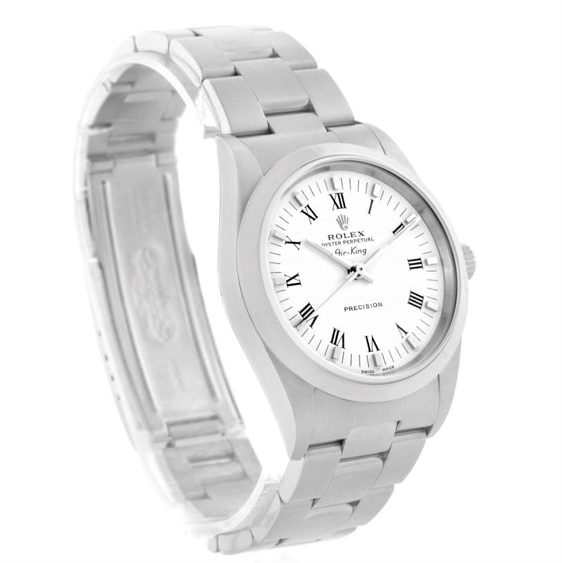 The image shows a Rolex Air-King 14000 Men's Stainless Steel White Dial 14000 Men's Stainless Steel White Dial watch at a slight angle, displaying its face, bezel, crown, and stainless steel bracelet.