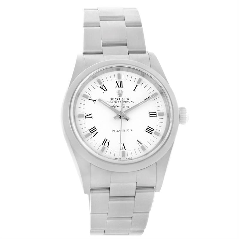 The image shows a front view of a Rolex Air-King 14000 Men's Stainless Steel White Dial 14000 Men's Stainless Steel White Dial watch, including the face, bezel, and bracelet.