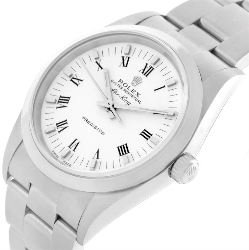 The Rolex Air-King 14000 Men's Stainless Steel White Dial 14000 Men's Stainless Steel White Dial watch is shown from an angled frontal view, displaying its face, crown, and part of the bracelet.