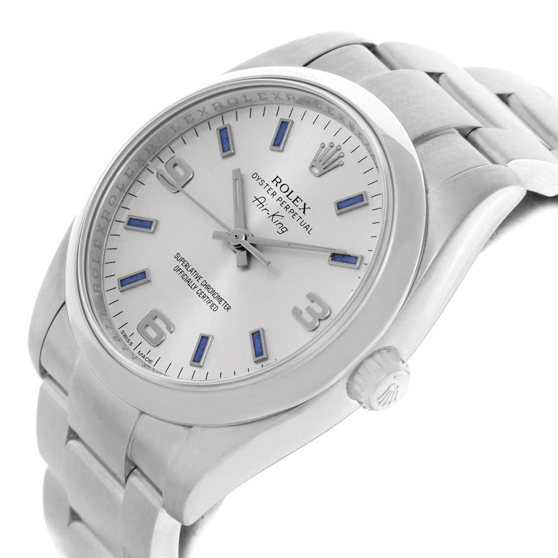 The image shows a Rolex Air-King 114200 Men's Stainless Steel Silver Dial 114200 Men's Stainless Steel Silver Dial watch at an angle, highlighting the dial, hands, crown, and part of the bracelet.
