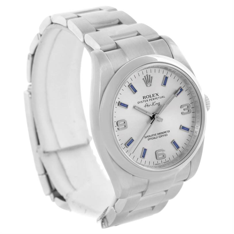 The image shows a Rolex Air-King 114200 Men's Stainless Steel Silver Dial 114200 Men's Stainless Steel Silver Dial watch from a slightly angled front view, displaying its face, bezel, and part of the bracelet.