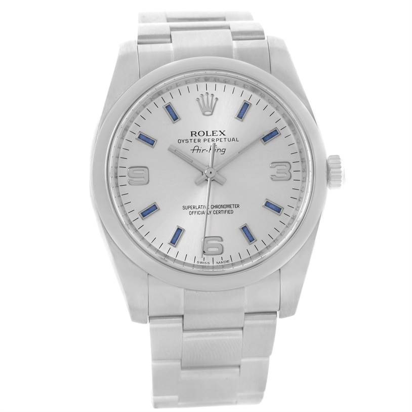 This is a Rolex Air-King 114200 Men's Stainless Steel Silver Dial 114200 Men's Stainless Steel Silver Dial watch shown from a front view, displaying its face, bezel, and part of the bracelet.