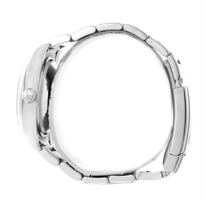 The image shows a side view of the Rolex Air-King 114200 Men's Stainless Steel Silver Dial 114200 Men's Stainless Steel Silver Dial watch, highlighting the case, crown, and the bracelet link design.