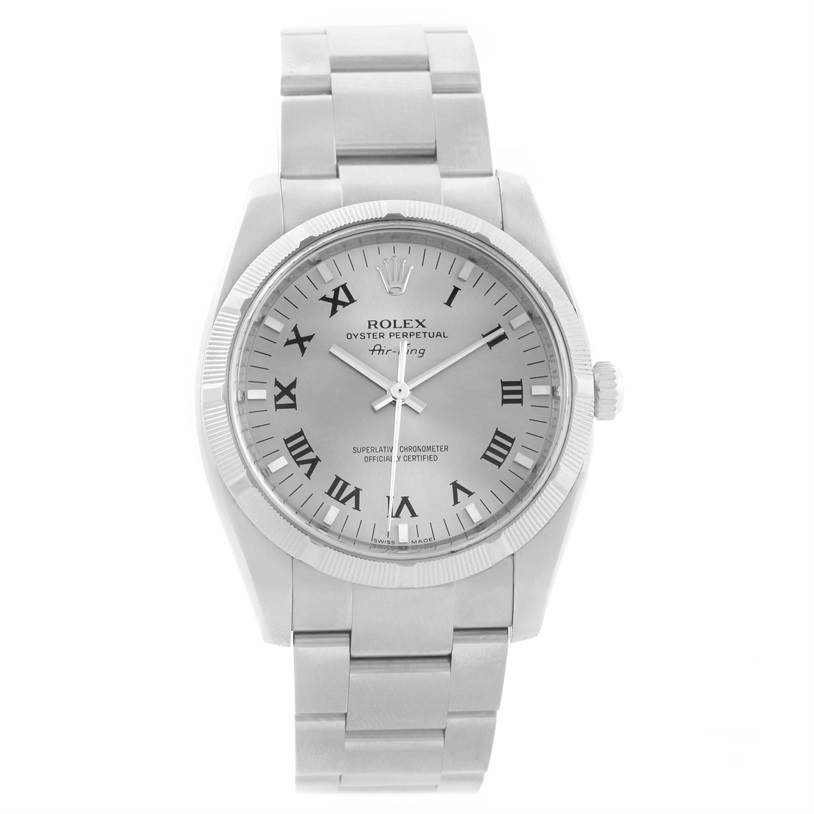 The image shows a front view of a Rolex Air-King 114210 Men's Stainless Steel Silver Dial 114210 Men's Stainless Steel Silver Dial watch, highlighting the dial, bezel, and bracelet.
