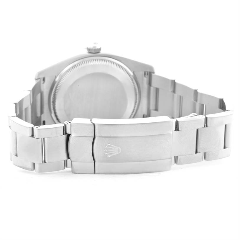 This image shows the back and clasp of a Rolex Air-King 114210 Men's Stainless Steel Silver Dial 114210 Men's Stainless Steel Silver Dial watch at an angle highlighting the bracelet and case back.