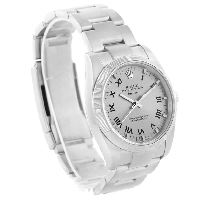 The image shows a Rolex Air-King 114210 Men's Stainless Steel Silver Dial 114210 Men's Stainless Steel Silver Dial watch at a three-quarter angle, highlighting its face, bezel, and partially open stainless steel bracelet.