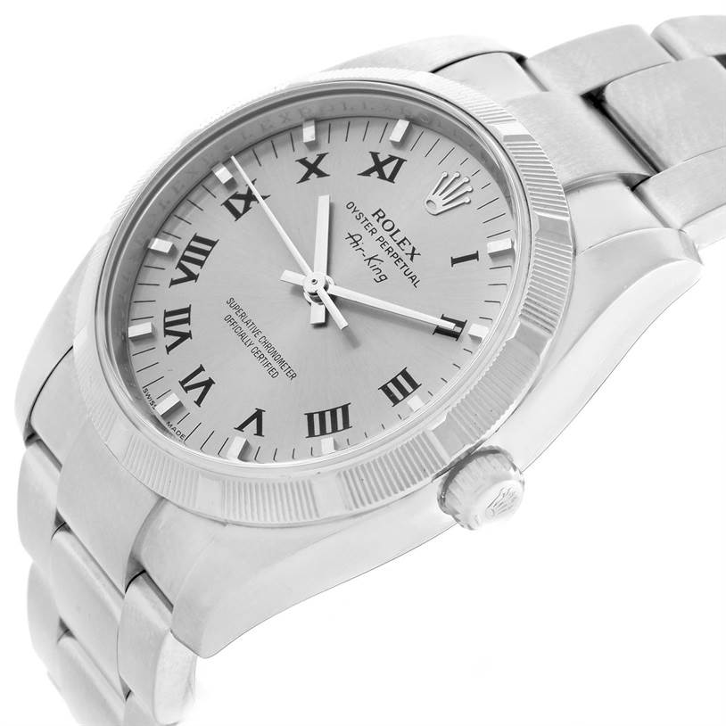 The image shows a close-up, angled view of the Rolex Air-King 114210 Men's Stainless Steel Silver Dial 114210 Men's Stainless Steel Silver Dial watch, highlighting its dial, bezel, crown, and bracelet.