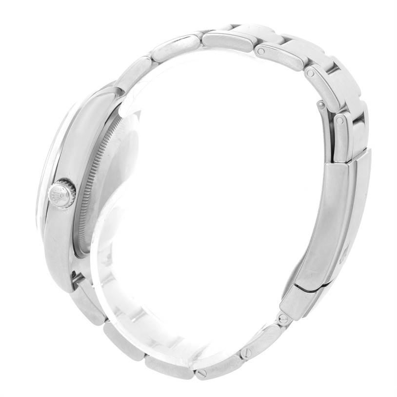 Side angle of the Rolex Air-King 114200 Men's Stainless Steel Silver Dial 114200 Men's Stainless Steel Silver Dial, showcasing the crown, case, and part of the bracelet.