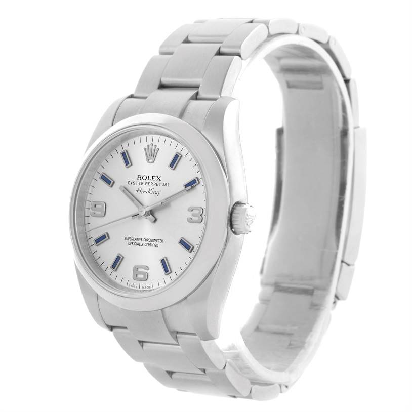The image shows a Rolex Air-King 114200 Men's Stainless Steel Silver Dial 114200 Men's Stainless Steel Silver Dial watch at a three-quarter angle, displaying the dial, crown, and bracelet.