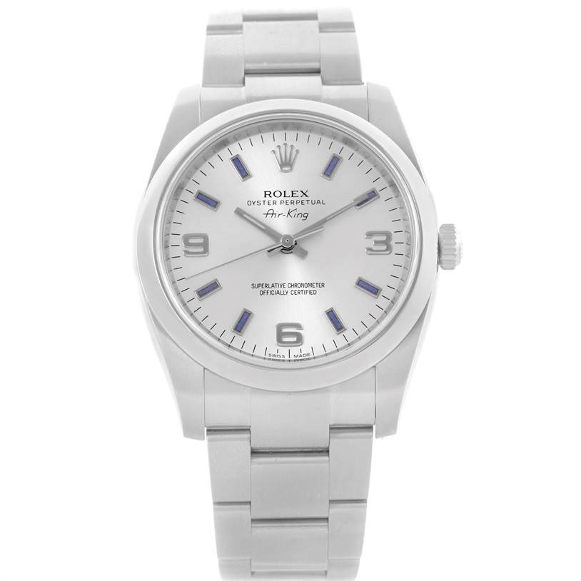 The Rolex Air-King 114200 Men's Stainless Steel Silver Dial 114200 Men's Stainless Steel Silver Dial watch is shown from the front, displaying its face, hands, and bracelet.