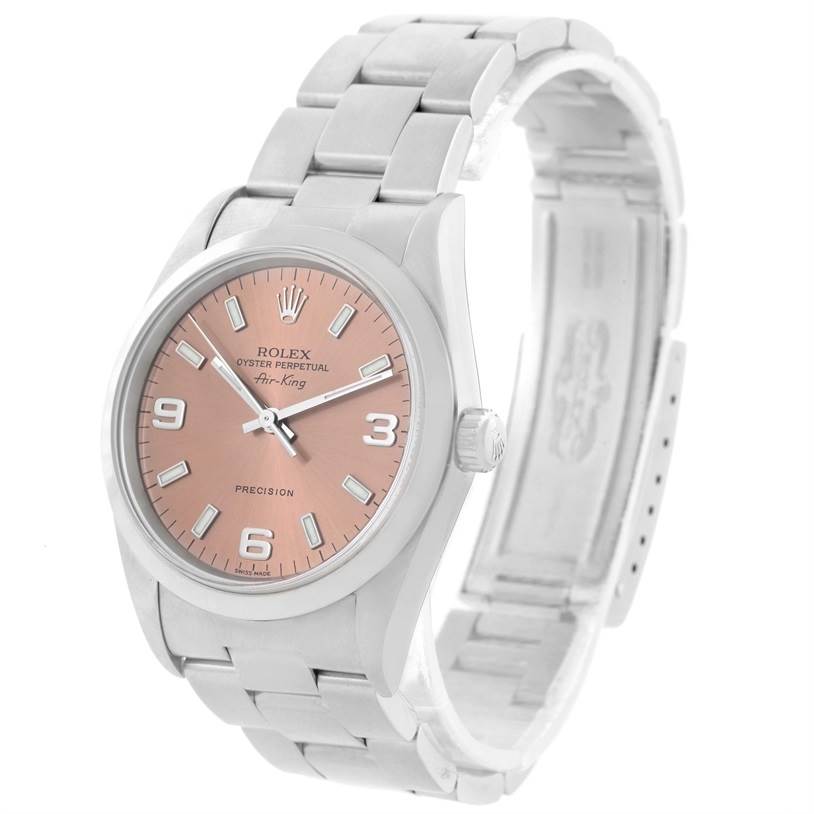 The image displays a Rolex Air-King 14000 Men's Stainless Steel Pink Dial 14000 Men's Stainless Steel Pink Dial watch at a slight side angle, showcasing the face, crown, and part of the bracelet.