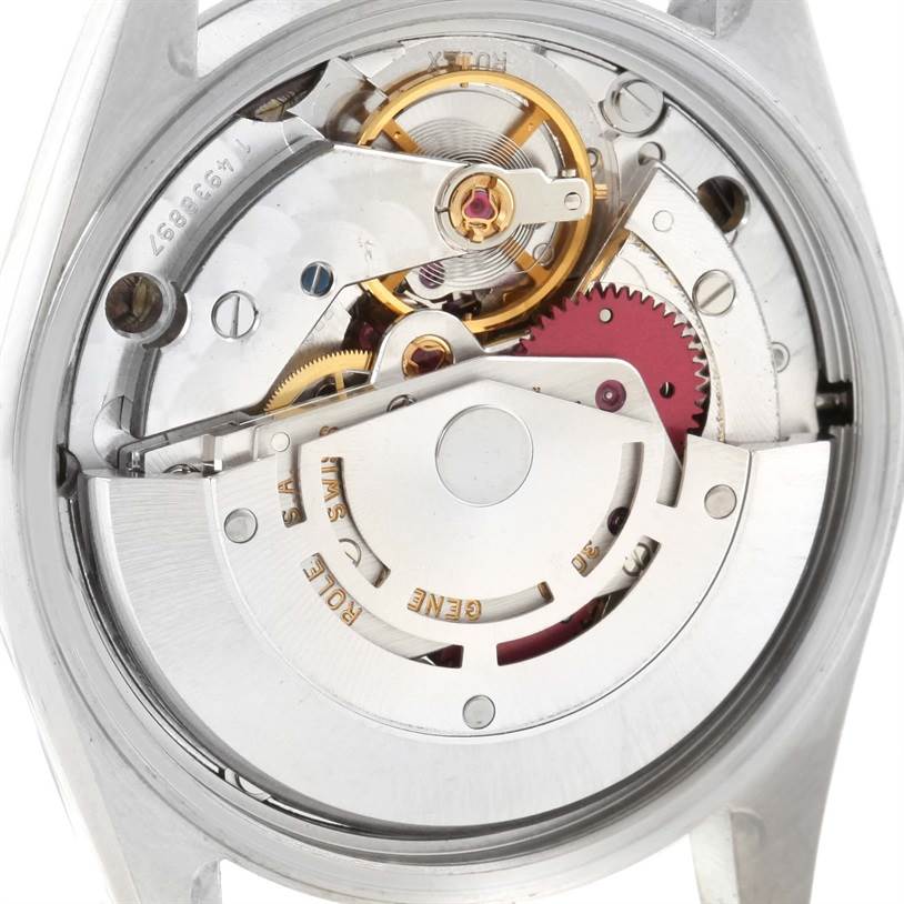 This image shows the inner mechanical movement and components of a Rolex Air-King 14000 Men's Stainless Steel Pink Dial 14000 Men's Stainless Steel Pink Dial watch from a close-up back angle.