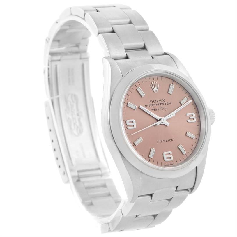 The image shows a Rolex Air-King 14000 Men's Stainless Steel Pink Dial 14000 Men's Stainless Steel Pink Dial watch at a slight angle, featuring its round dial, bezel, and part of the metal bracelet.