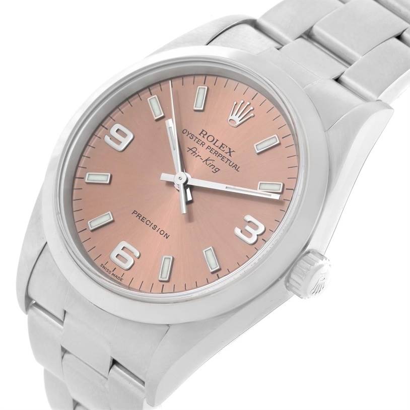 The image shows a Rolex Air-King 14000 Men's Stainless Steel Pink Dial 14000 Men's Stainless Steel Pink Dial watch at an angle displaying the dial, case, crown, and part of the bracelet.
