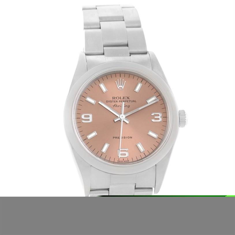 This image shows a front view of the Rolex Air-King 14000 Men's Stainless Steel Pink Dial 14000 Men's Stainless Steel Pink Dial watch, showcasing its face, bezel, and bracelet.