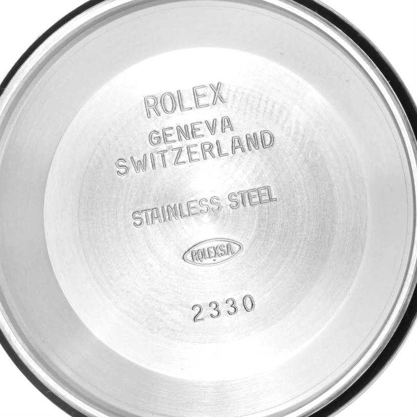 This image shows the inside of the case back for a Rolex Air-King 114200SASO Men's Stainless Steel Silver Dial 114200SASO Men's Stainless Steel Silver Dial, revealing its stainless steel construction and model details.