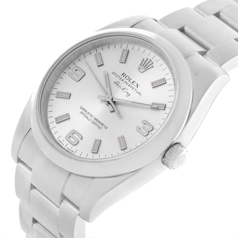 The image shows a Rolex Air-King 114200SASO Men's Stainless Steel Silver Dial 114200SASO Men's Stainless Steel Silver Dial watch at a slight front angle, displaying the face, crown, and part of the bracelet.