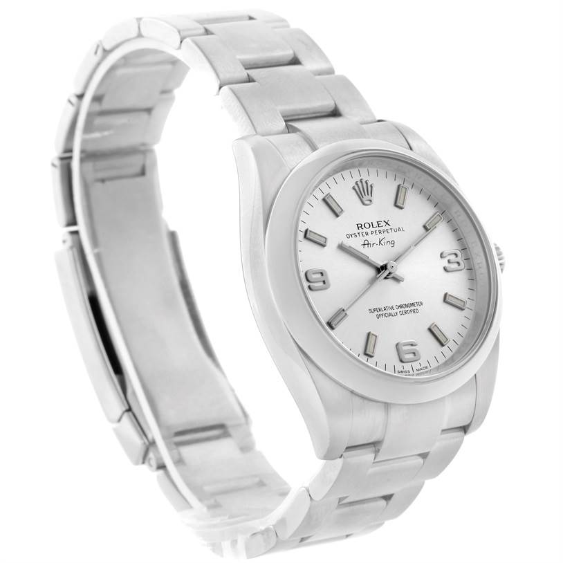 The Rolex Air-King 114200SASO Men's Stainless Steel Silver Dial 114200SASO Men's Stainless Steel Silver Dial watch is shown at a slight side angle, displaying the face, bezel, and metal bracelet.