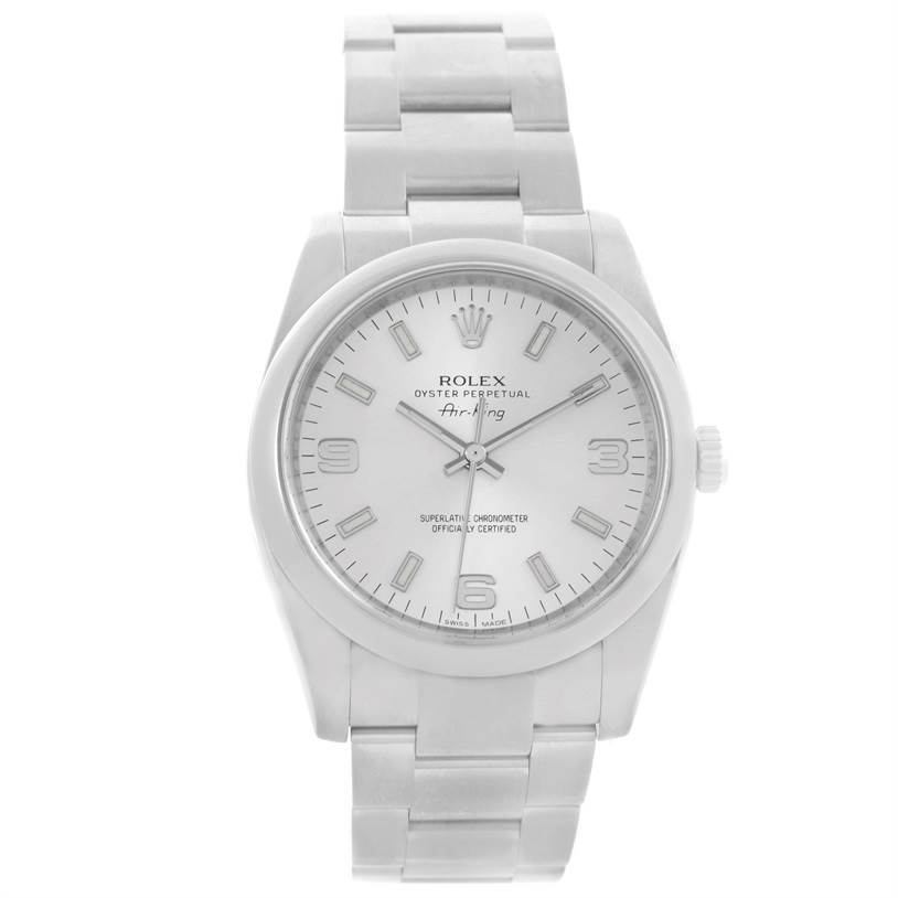 The image shows a front view of the Rolex Air-King 114200SASO Men's Stainless Steel Silver Dial 114200SASO Men's Stainless Steel Silver Dial watch, displaying its face, casing, and bracelet.