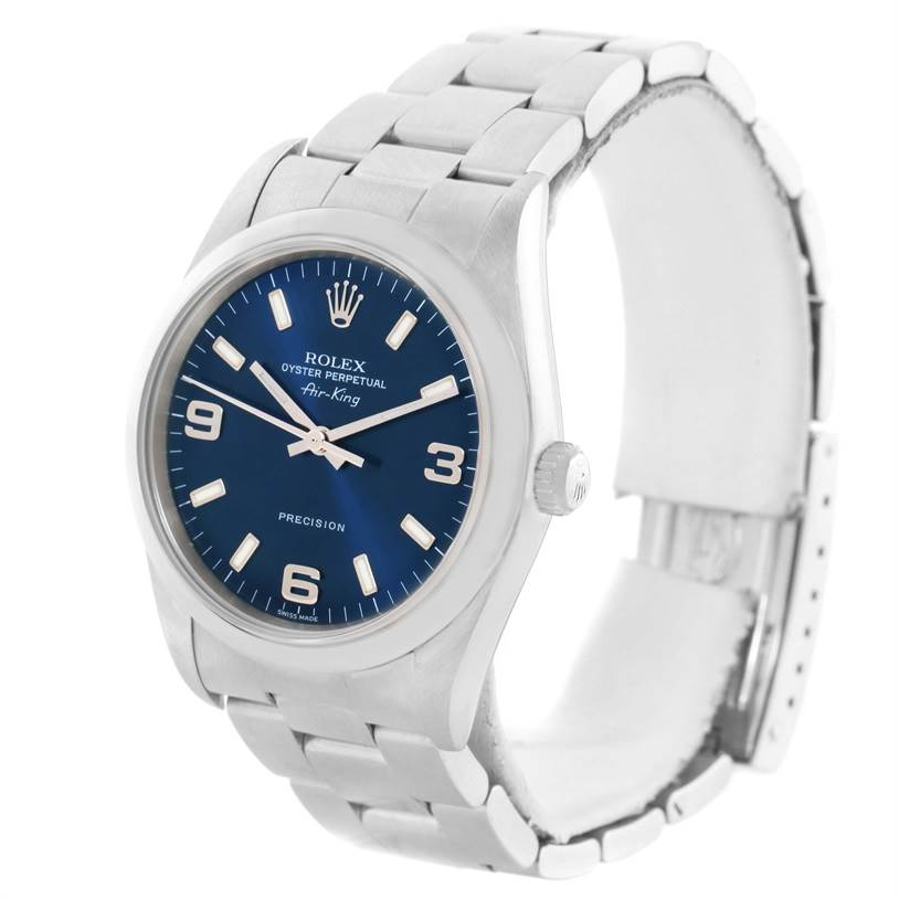 The image shows a Rolex Air-King 14000 Men's Stainless Steel Blue Dial 14000 Men's Stainless Steel Blue Dial watch from a front-left angle, displaying the dial, case, crown, and bracelet.