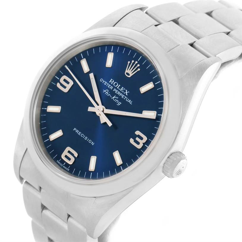 The image shows a close-up, angled view of the Rolex Air-King 14000 Men's Stainless Steel Blue Dial 14000 Men's Stainless Steel Blue Dial watch, highlighting the blue dial, markers, and stainless steel bracelet.
