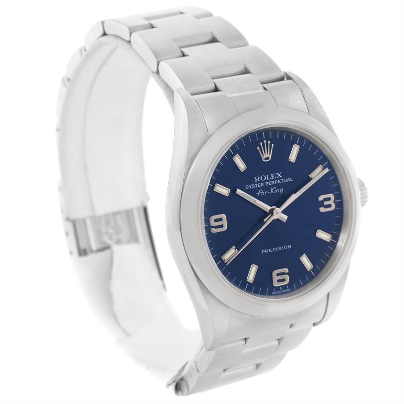 The image shows a Rolex Air-King 14000 Men's Stainless Steel Blue Dial 14000 Men's Stainless Steel Blue Dial watch at an angled side view, displaying the watch face, crown, and part of the bracelet.