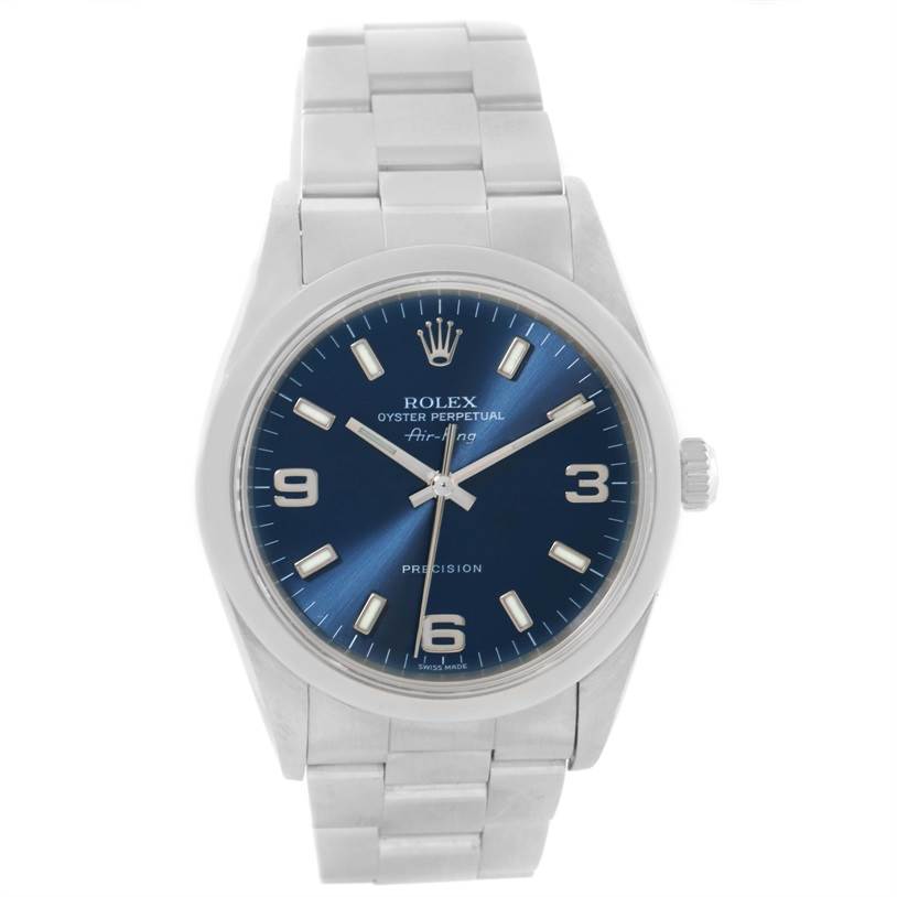 The image shows a front view of a Rolex Air-King 14000 Men's Stainless Steel Blue Dial 14000 Men's Stainless Steel Blue Dial watch, displaying its face, bezel, crown, and bracelet.