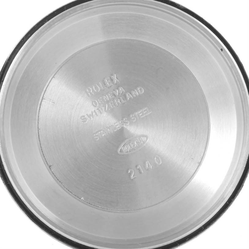 This image shows the inner case back of a Rolex Air-King 14000 Men's Stainless Steel Blue Dial 14000 Men's Stainless Steel Blue Dial watch made of stainless steel, with engraved details including "Rolex" and "2140."