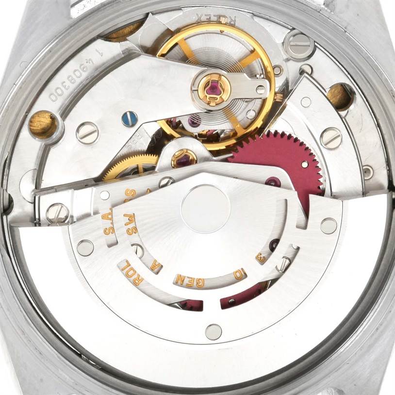 The image shows the internal mechanical movement of a Rolex Air-King 14000 Men's Stainless Steel White Dial 14000 Men's Stainless Steel White Dial watch viewed from the back.