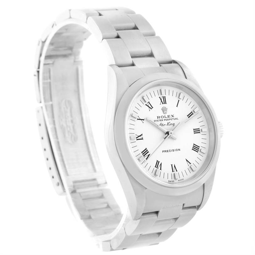 The image shows a Rolex Air-King 14000 Men's Stainless Steel White Dial 14000 Men's Stainless Steel White Dial watch at an angle displaying the dial, bezel, bracelet, and partially open clasp.