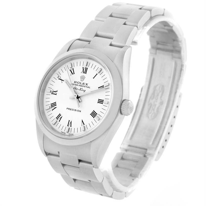 The Rolex Air-King 14000 Men's Stainless Steel White Dial 14000 Men's Stainless Steel White Dial watch is shown at a three-quarter angle, displaying its face, bracelet, and clasp.