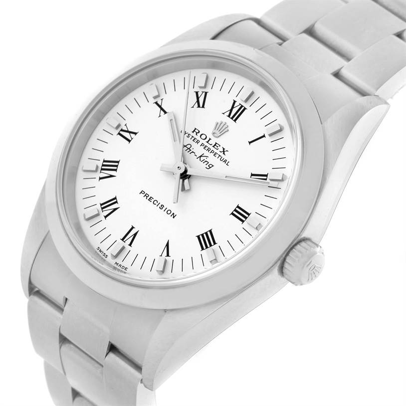 The image shows a close-up diagonal view of the Rolex Air-King 14000 Men's Stainless Steel White Dial 14000 Men's Stainless Steel White Dial watch, highlighting its face, bezel, crown, and part of the bracelet.