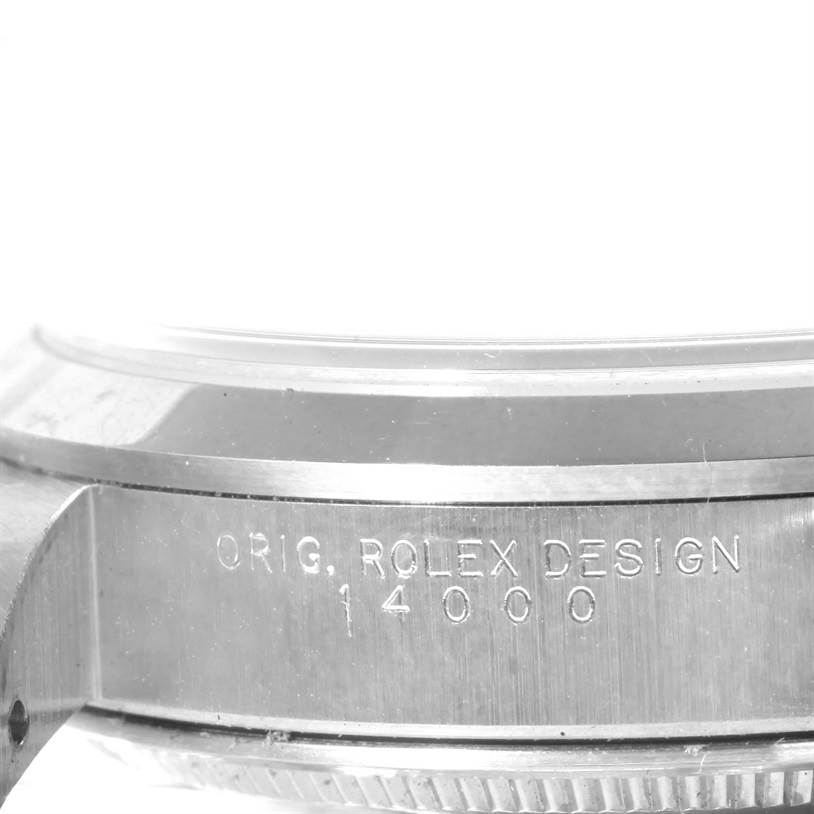 This image shows a close-up of the side case of a Rolex Air-King 14000 Men's Stainless Steel White Dial 14000 Men's Stainless Steel White Dial watch, displaying the model number 14000.
