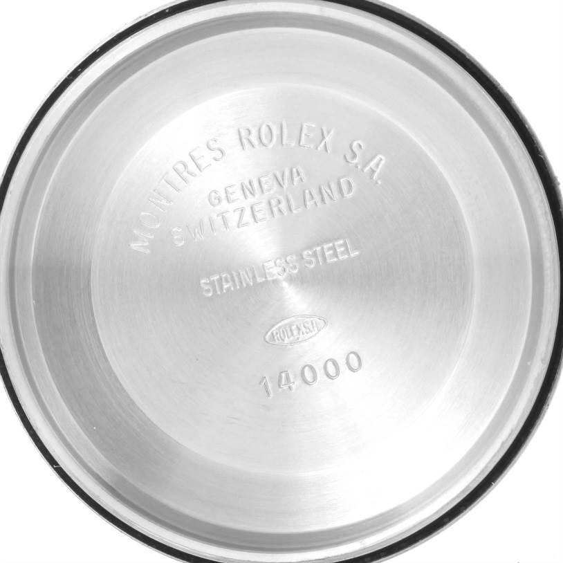 This image shows the inside of the case back of a Rolex Air-King 14000 Men's Stainless Steel White Dial 14000 Men's Stainless Steel White Dial watch, showcasing its engravings and stainless steel construction.