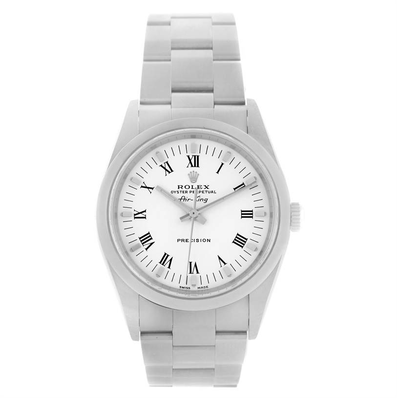 The Rolex Air-King 14000 Men's Stainless Steel White Dial 14000 Men's Stainless Steel White Dial watch is shown from a frontal view, displaying its white dial, Roman numerals, and stainless steel bracelet.