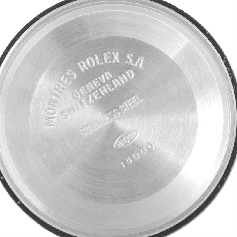 This image shows the inner case back of the Rolex Air-King 14000 Men's Stainless Steel Black Dial 14000 Men's Stainless Steel Black Dial watch, displaying brand markings and model information.