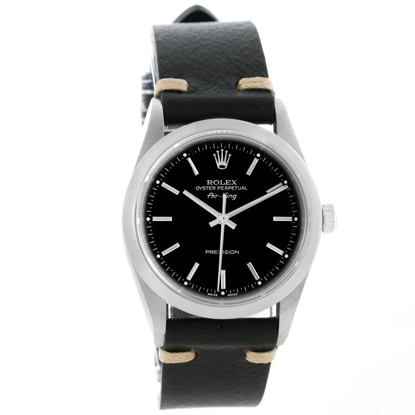The image shows a Rolex Air-King 14000 Men's Stainless Steel Black Dial 14000 Men's Stainless Steel Black Dial watch, front view, highlighting the dial, bezel, crown, and leather strap.