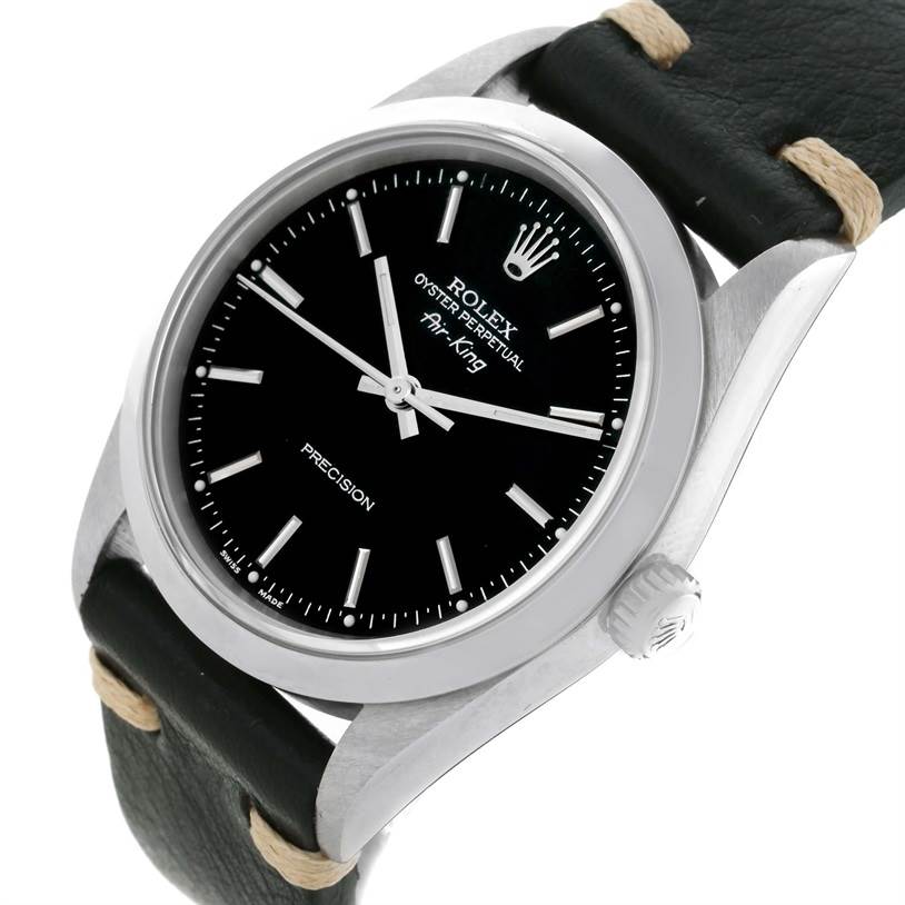 The image shows a Rolex Air-King 14000 Men's Stainless Steel Black Dial 14000 Men's Stainless Steel Black Dial watch at an angled view displaying the black dial, hands, crown, and part of the leather strap.