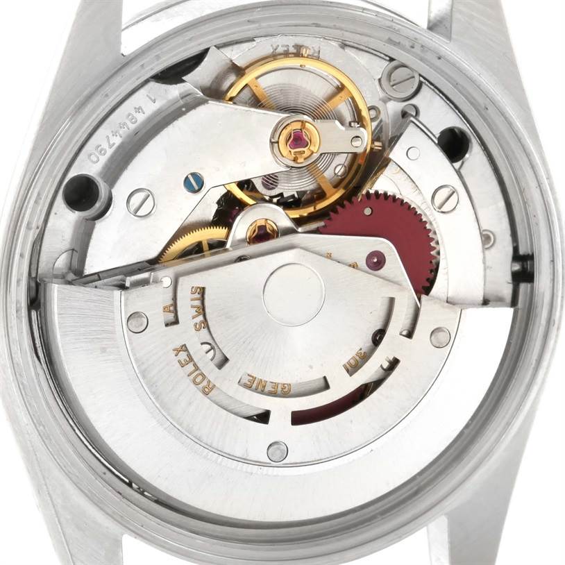 This image shows a close-up view of the movement of the Rolex Air-King 14000 Men's Stainless Steel Black Dial 14000 Men's Stainless Steel Black Dial watch, focusing on the internal mechanical parts.