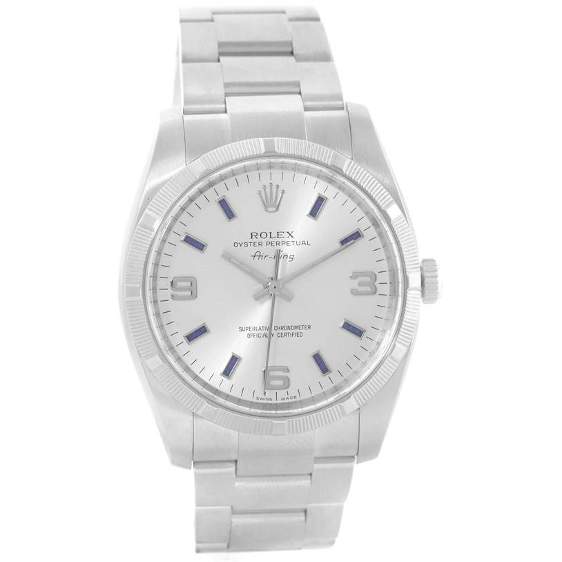 The image shows a front view of the Rolex Air-King 114210 Men's Stainless Steel Silver Dial 114210 Men's Stainless Steel Silver Dial watch, displaying its dial, bezel, and bracelet.
