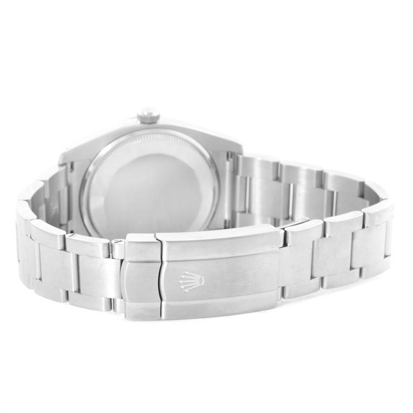 This image shows the back view of the Rolex Air-King 114210 Men's Stainless Steel Silver Dial 114210 Men's Stainless Steel Silver Dial watch, highlighting its stainless steel bracelet and clasp.