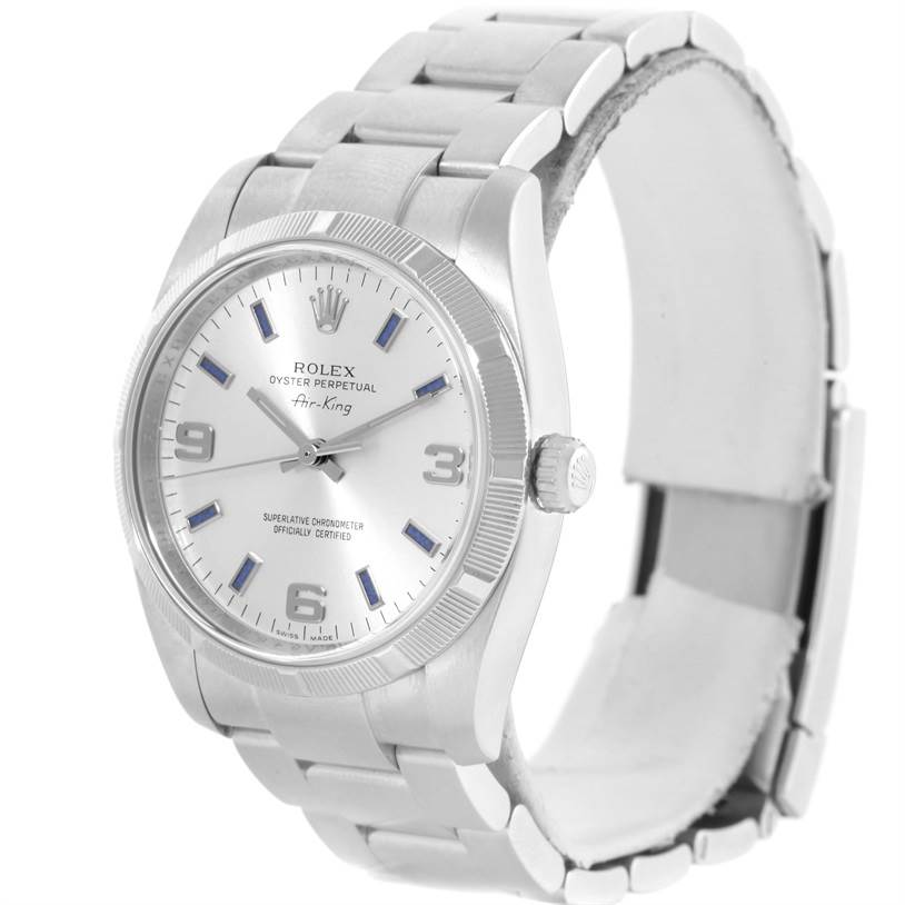The image shows a Rolex Air-King 114210 Men's Stainless Steel Silver Dial 114210 Men's Stainless Steel Silver Dial watch from a front angle, highlighting the face, crown, and partial bracelet.
