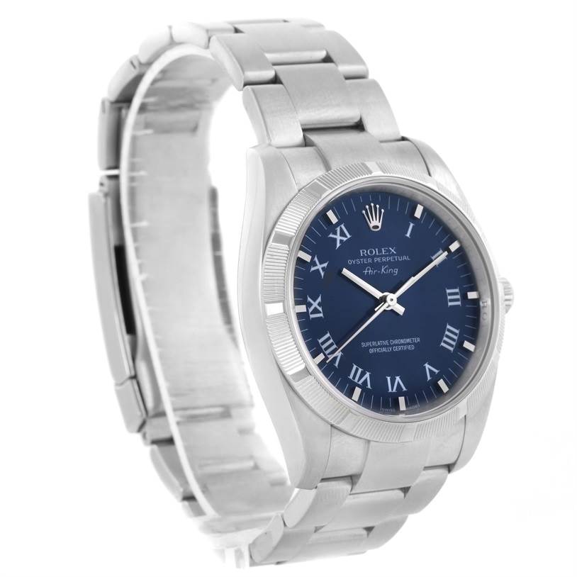 This image shows a side and front angle of a Rolex Air-King 114200BLRO Men's Stainless Steel Blue Dial 114200BLRO Men's Stainless Steel Blue Dial watch, displaying the face, bezel, crown, and bracelet.