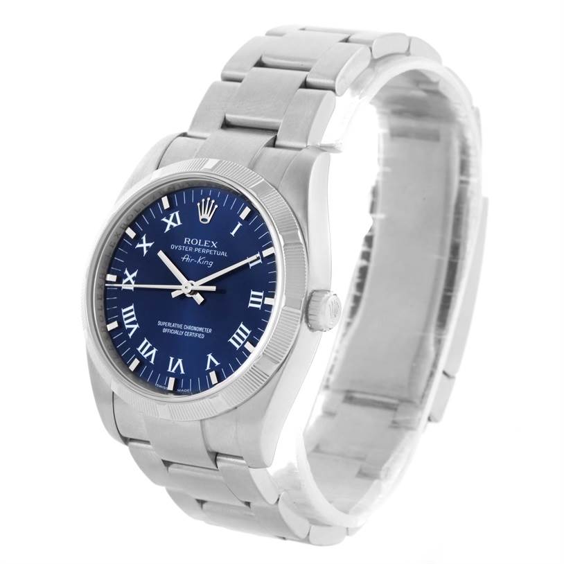 The image shows a front angle of the Rolex Air-King 114200BLRO Men's Stainless Steel Blue Dial 114200BLRO Men's Stainless Steel Blue Dial watch, highlighting its stainless steel bracelet and blue dial with Roman numerals.