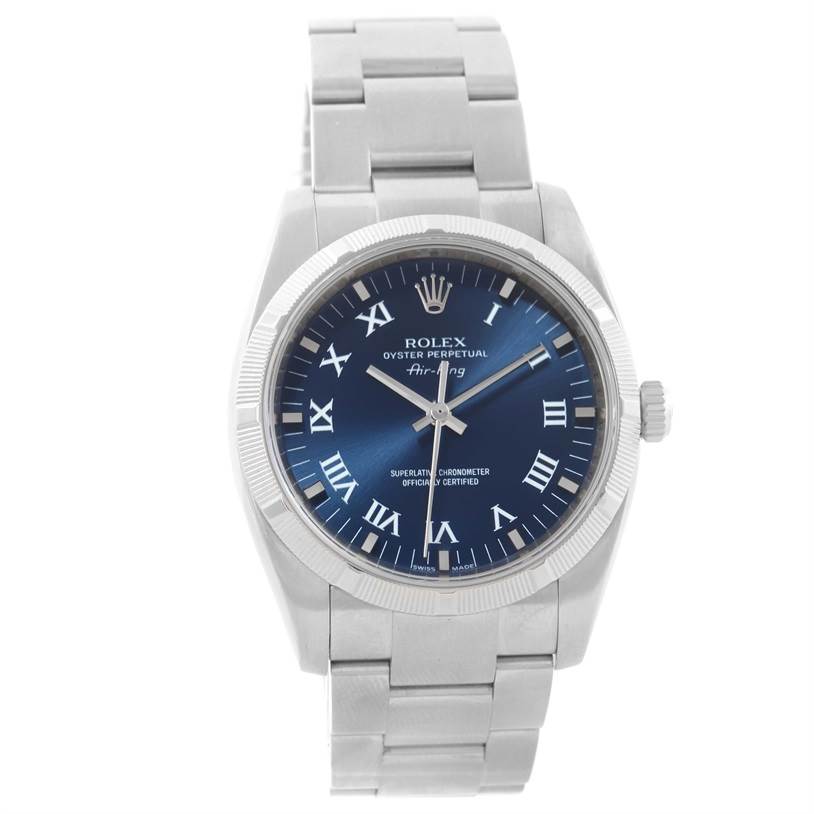 The image shows a Rolex Air-King 114200BLRO Men's Stainless Steel Blue Dial 114200BLRO Men's Stainless Steel Blue Dial model watch from a front angle, displaying the dial, hands, crown, and part of the bracelet.