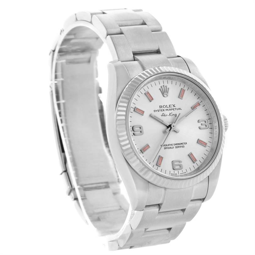 The image shows a Rolex Air-King 114234SAPSO Men's Stainless Steel Silver Dial 114234SAPSO Men's Stainless Steel Silver Dial watch from a front angle, highlighting its dial, bezel, and metal bracelet.