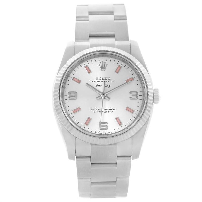 The image shows a front view of the Rolex Air-King 114234SAPSO Men's Stainless Steel Silver Dial 114234SAPSO Men's Stainless Steel Silver Dial watch displaying its face, bezel, and bracelet.